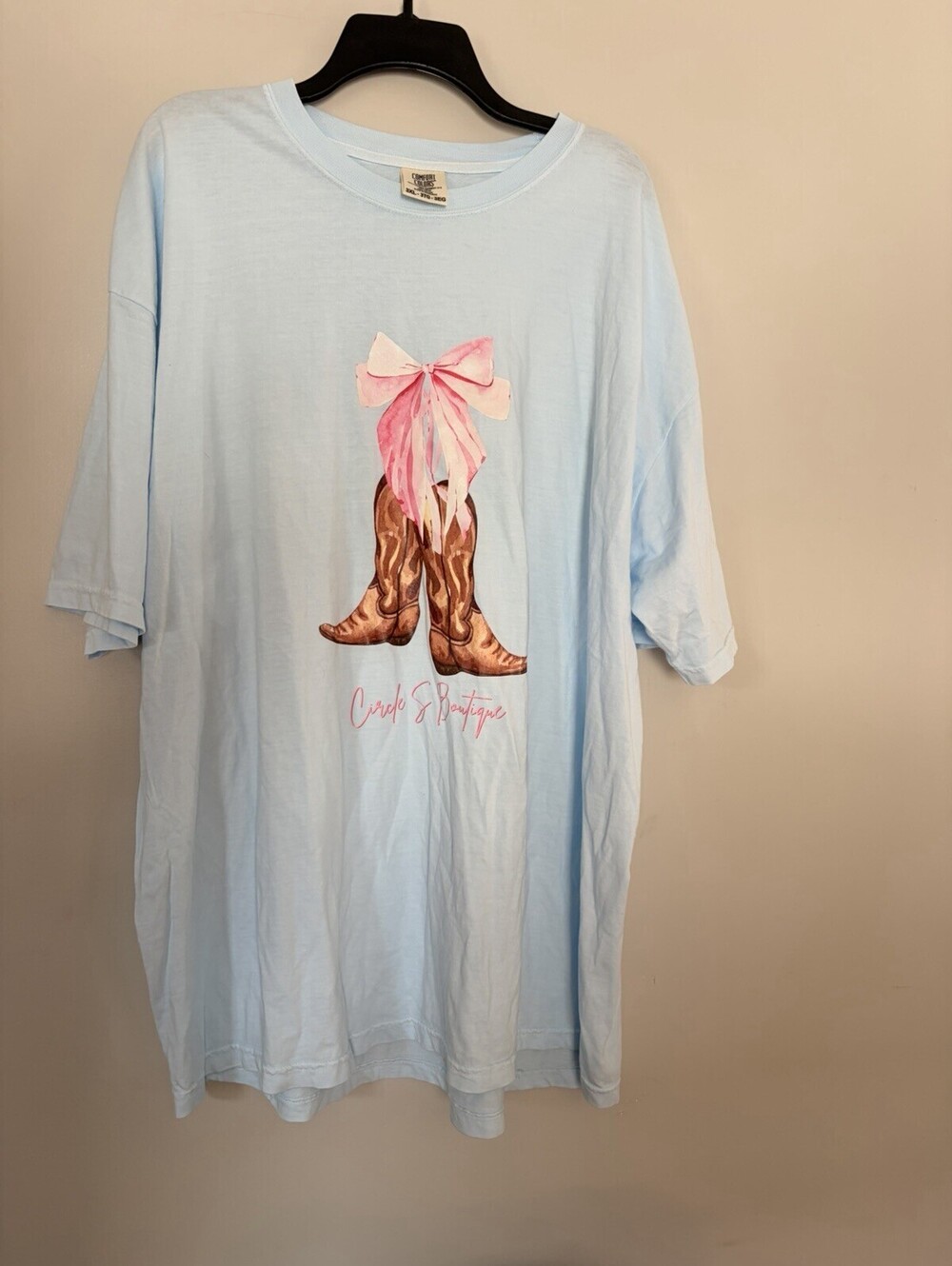 3XL Blue Tee Comfort Colors with Boots and Pink Bow Southern Circle S Boutique